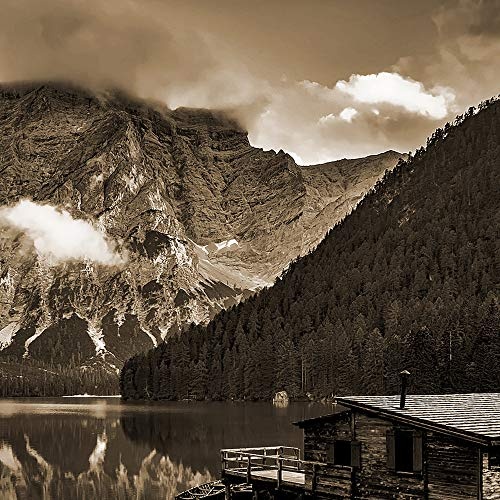 Feeby Bilder Berge 60x40 cm - Leinwandbild - 1 Teilig - Kunstdruck Hütte See Sepia