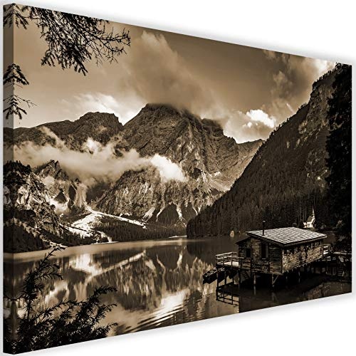 Feeby Bilder Berge 60x40 cm - Leinwandbild - 1 Teilig - Kunstdruck Hütte See Sepia