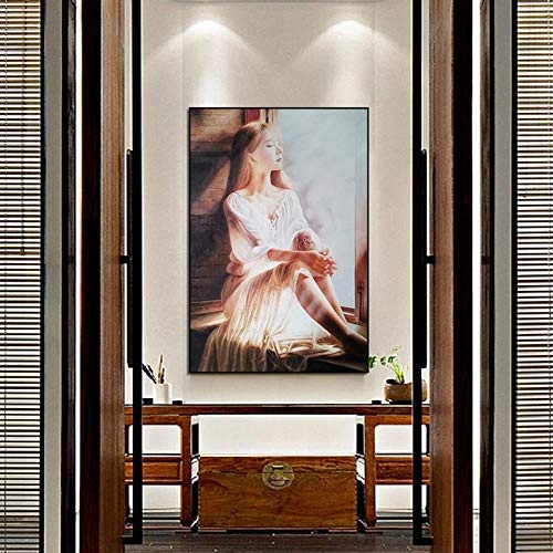 ZY&ZQ Vlies Leinwandbild Malerei-Fenster Seite Mädchen Villa Reine handbemalte Figur realistische Flur Schlafzimmer