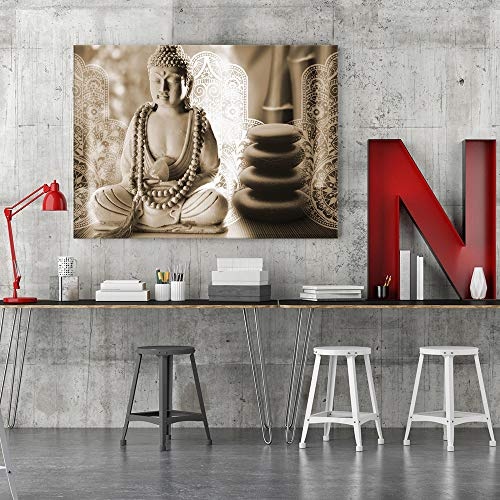 Feeby Bilder Buddha 60x40 cm Leinwandbild 1 Teilig - Kunstdruck modern Zen spa Sepia