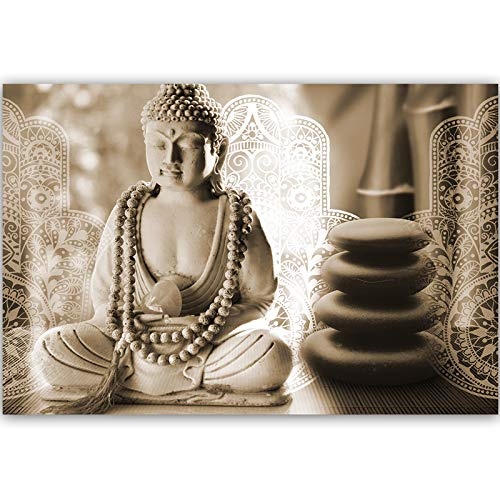 Feeby Bilder Buddha 60x40 cm Leinwandbild 1 Teilig - Kunstdruck modern Zen spa Sepia