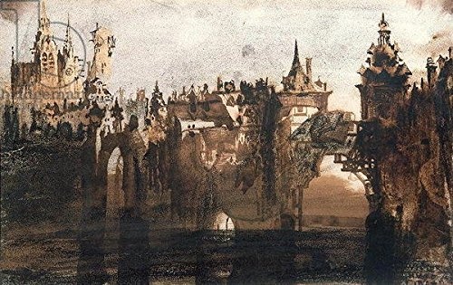 Leinwand-Bild 140 x 90 cm: Town with a Broken Bridge (graphite, Indian ink and sepia on paper), Bild auf Leinwand