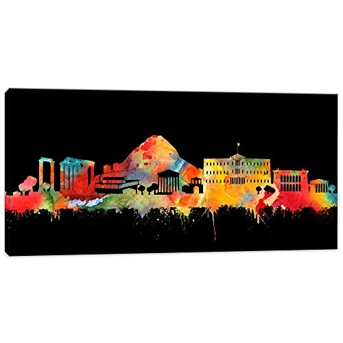 Skyline Wandbild Stadt Athen - Athener Bilder - Neon 100x200cm - Kunstdruck 2cm (div. Varianten/Größen)- Wandbilder Skylines Panorama Leinwandbild - fertig aufgespannt