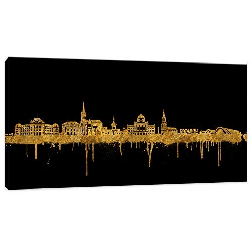Skyline Wandbild Stadt Bern - Berner Bilder - Schwarz/Gold 100x200cm - Kunstdruck 2cm (div. Varianten/Größen)- Wandbilder Europa Metropolen Skylines Panorama Leinwandbild - fertig aufgespannt