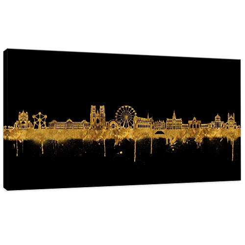 Skyline Wandbild Stadt Brüssel - Brüsseler Bilder - Schwarz/Gold 100x200cm - Kunstdruck 2cm (div. Varianten/Größen)- Wandbilder Europa Metropolen Skylines Panorama Leinwandbild - fertig aufgespannt