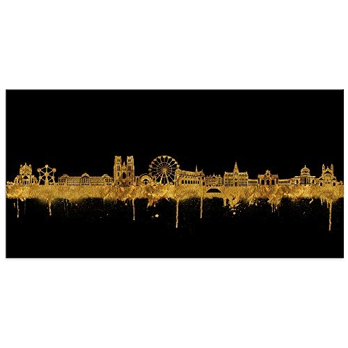 Skyline Wandbild Stadt Brüssel - Brüsseler Bilder - Schwarz/Gold 100x200cm - Kunstdruck 2cm (div. Varianten/Größen)- Wandbilder Europa Metropolen Skylines Panorama Leinwandbild - fertig aufgespannt