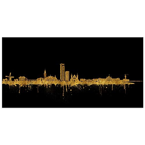 Skyline Wandbild Stadt Den HAAG - Den Haager Bilder - Schwarz/Gold 100x200cm - Kunstdruck 2cm (div. Varianten/Größen)- Wandbilder Europa Metropolen Skylines Panorama Leinwandbild - fertig aufgespannt
