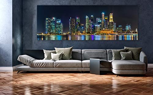 XXL Panorama Leinwandbild, Die nächtliche Skyline von Singapur, EIN Exklusives Fineart Bild als Wanddeko, und Wandbild in Galerie Qualität auf Canvas© Künstler Leinwand 240 x 80cm