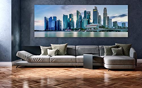 XXL Panorama Leinwandbild, Skyline Panorama Singapur, EIN Exklusives Fineart Bild als Wanddeko, und Wandbild in Galerie Qualität auf Canvas© Künstler Leinwand 210 x 70cm