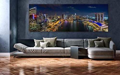 XXL Panorama Leinwandbild, Singapur Panorama bei Nacht, EIN Exklusives Fineart Bild als Wanddeko, und Wandbild in Galerie Qualität auf Canvas© Künstler Leinwand 300 x 100cm