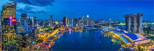 XXL Panorama Leinwandbild, Singapur am Abend, EIN Exklusives Fineart Bild als Wanddeko, und Wandbild in Galerie Qualität auf Canvas© Künstler Leinwand 210 x 70cm