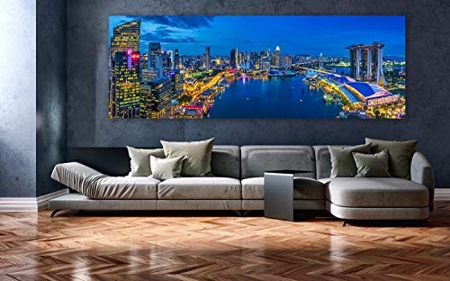 XXL Panorama Leinwandbild, Singapur am Abend, EIN Exklusives Fineart Bild als Wanddeko, und Wandbild in Galerie Qualität auf Canvas© Künstler Leinwand 210 x 70cm