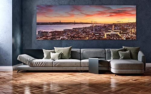 XXL Panorama Leinwandbild, Lissabon im Sonnenuntergang, EIN Exklusives Fineart Bild als Wanddeko, und Wandbild in Galerie Qualität auf Canvas© Künstler Leinwand 210 x 70cm