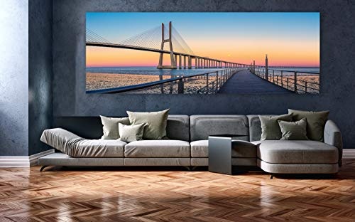 XXL Panorama Leinwandbild, Vasco da Gama Brücke Lissabon, EIN Exklusives Fineart Bild als Wanddeko, und Wandbild in Galerie Qualität auf Canvas© Künstler Leinwand 270 x 90cm