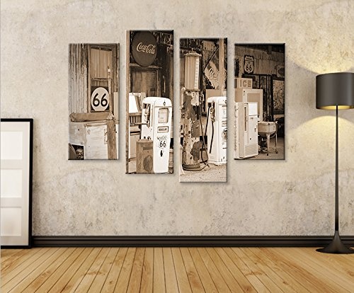 islandburner Bild Bilder auf Leinwand US Tankstelle Sepia Route 66 Vintage 4er XXL Poster Leinwandbild Wandbild Dekoartikel Wohnzimmer Marke