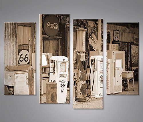 islandburner Bild Bilder auf Leinwand US Tankstelle Sepia Route 66 Vintage 4er XXL Poster Leinwandbild Wandbild Dekoartikel Wohnzimmer Marke