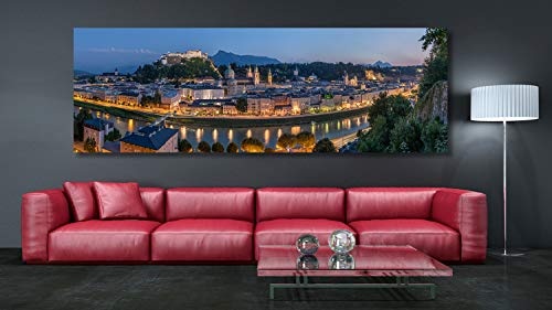 XXL Panorama Leinwandbild, Salzburg im Sonnenuntergang, EIN Exklusives Fineart Bild als Wanddeko, und Wandbild in Galerie Qualität auf Canvas© Künstler Leinwand 240 x 80cm