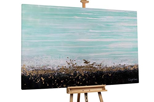 KunstLoft® XXL Gemälde Goldener Sand 180x120cm | original handgemalte Bilder | Abstrakt Pinselstriche Türkis Schwarz | Leinwand-Bild Ölgemälde einteilig groß | Modernes Kunst Ölbild