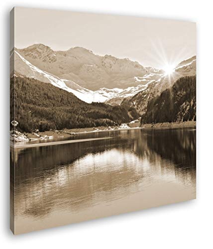 deyoli Sonnige Winterberglandschaft Format: 70x70 Effekt: Sepia als Leinwandbild, Motiv fertig gerahmt auf Echtholzrahmen, Hochwertiger Digitaldruck mit Rahmen, Kein Poster oder Plakat