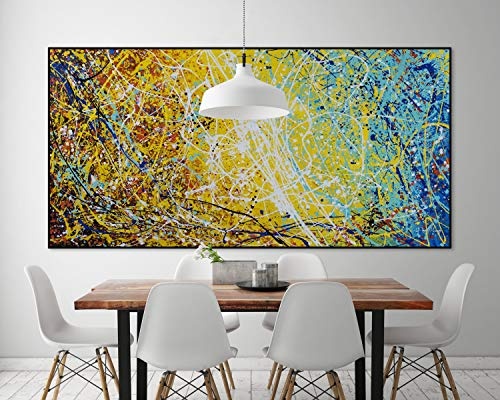 KunstLoft® XXL Gemälde Funkelnde Sterne 200x100cm | original handgemalte Bilder | Abstrakt Punkte Gelb Deko | Leinwand-Bild Ölgemälde einteilig groß | Modernes Kunst Ölbild