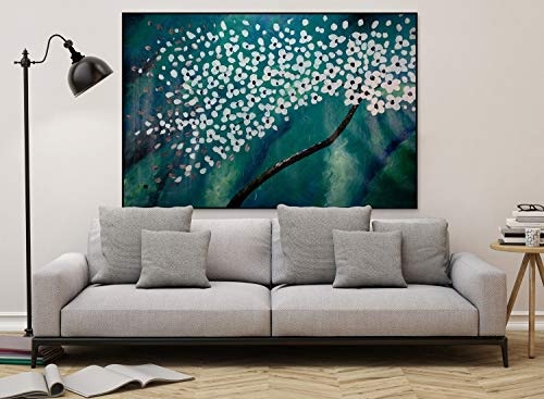 KunstLoft® XXL Gemälde Märchenreise 180x120cm | original handgemalte Bilder | Abstrakt Baum Blüte Weiß Blau | Leinwand-Bild Ölgemälde einteilig groß | Modernes Kunst Ölbild