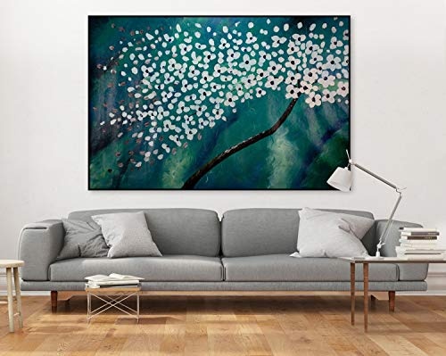 KunstLoft® XXL Gemälde Märchenreise 180x120cm | original handgemalte Bilder | Abstrakt Baum Blüte Weiß Blau | Leinwand-Bild Ölgemälde einteilig groß | Modernes Kunst Ölbild