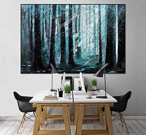 KunstLoft® XXL Gemälde Stürmische Nacht 180x120cm | original handgemalte Bilder | Wald Bäume Schwarz Türkis | Leinwand-Bild Ölgemälde einteilig groß | Modernes Kunst Ölbild