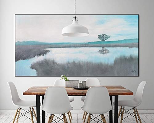 KunstLoft® XXL Gemälde A Place to Dream 200x100cm | original handgemalte Bilder | Modern See Baum Grau | Leinwand-Bild Ölgemälde einteilig groß | Modernes Kunst Ölbild