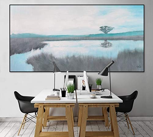 KunstLoft® XXL Gemälde A Place to Dream 200x100cm | original handgemalte Bilder | Modern See Baum Grau | Leinwand-Bild Ölgemälde einteilig groß | Modernes Kunst Ölbild