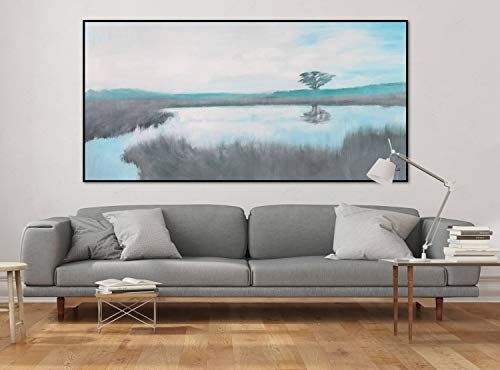 KunstLoft® XXL Gemälde A Place to Dream 200x100cm | original handgemalte Bilder | Modern See Baum Grau | Leinwand-Bild Ölgemälde einteilig groß | Modernes Kunst Ölbild