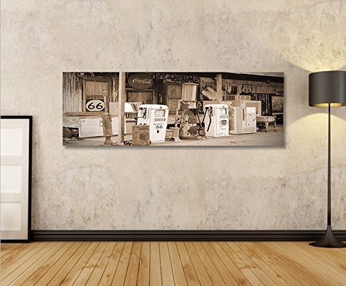 islandburner Bild Bilder auf Leinwand US Tankstelle Sepia Route 66 Vintage Panorama XXL Poster Leinwandbild Wandbild Dekoartikel Wohnzimmer Marke
