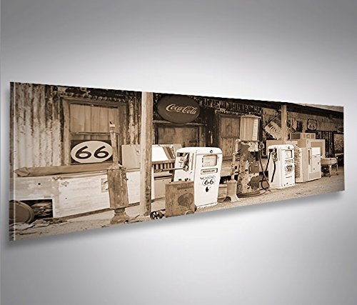islandburner Bild Bilder auf Leinwand US Tankstelle Sepia Route 66 Vintage Panorama XXL Poster Leinwandbild Wandbild Dekoartikel Wohnzimmer Marke