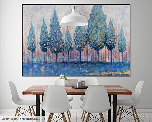KunstLoft XXL Gemälde Hain des Atlas 180x120cm | Original handgemalte Bilder | Bäume Grün Gold Blau | Leinwand-Bild Ölfarbegemälde Einteilig groß | Modernes Kunst Ölfarbebild