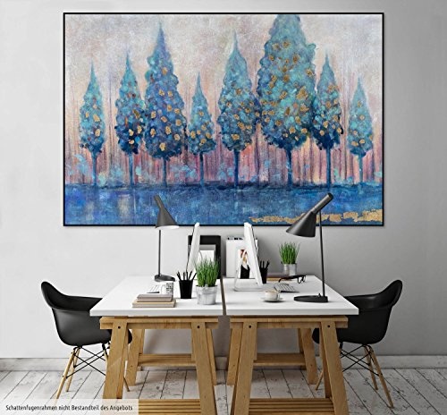 KunstLoft XXL Gemälde Hain des Atlas 180x120cm | Original handgemalte Bilder | Bäume Grün Gold Blau | Leinwand-Bild Ölfarbegemälde Einteilig groß | Modernes Kunst Ölfarbebild