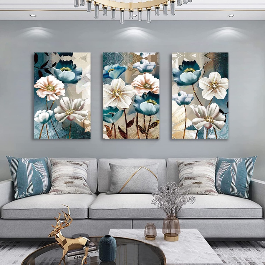 Wandbilder Wohnzimmer, Weiß und Indigoblau Lotusblume Leinwand Bilder, 3 Teilig Modern Blumenbilder Wandkunst Deko für Schlafzimmer Esszimmer Badezimmer und Küche, 30×40CM×3 pièces