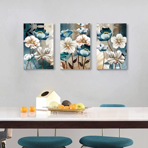 Wandbilder Wohnzimmer, Weiß und Indigoblau Lotusblume Leinwand Bilder, 3 Teilig Modern Blumenbilder Wandkunst Deko für Schlafzimmer Esszimmer Badezimmer und Küche, 30×40CM×3 pièces