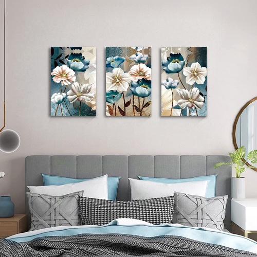 Wandbilder Wohnzimmer, Weiß und Indigoblau Lotusblume Leinwand Bilder, 3 Teilig Modern Blumenbilder Wandkunst Deko für Schlafzimmer Esszimmer Badezimmer und Küche, 30×40CM×3 pièces