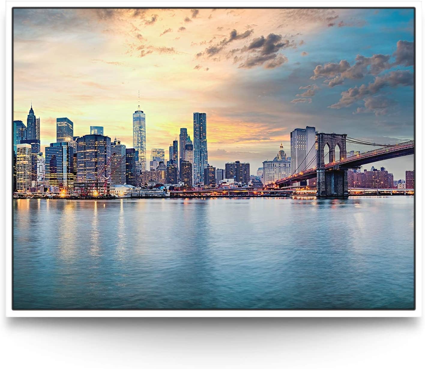 BilderKing Eindrucksvoller können Sie Ihren Raum Nicht in Szene setzen. Einteiliges 200x150cm großes Skyline XXL Leinwand-Bild. Eingefasst in einem weißen Schattenfugenrahmen. Motiv New York, USA