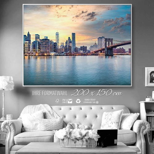 BilderKing Eindrucksvoller können Sie Ihren Raum Nicht in Szene setzen. Einteiliges 200x150cm großes Skyline XXL Leinwand-Bild. Eingefasst in einem weißen Schattenfugenrahmen. Motiv New York, USA