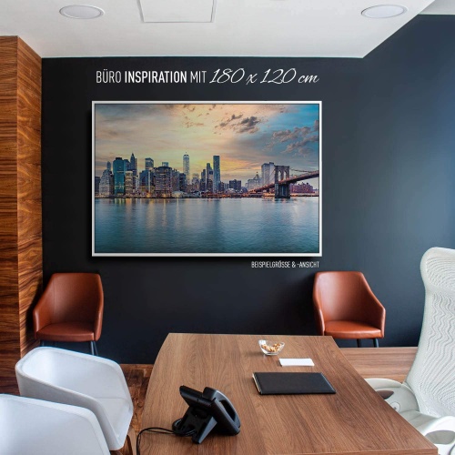 BilderKing Eindrucksvoller können Sie Ihren Raum Nicht in Szene setzen. Einteiliges 200x150cm großes Skyline XXL Leinwand-Bild. Eingefasst in einem weißen Schattenfugenrahmen. Motiv New York, USA