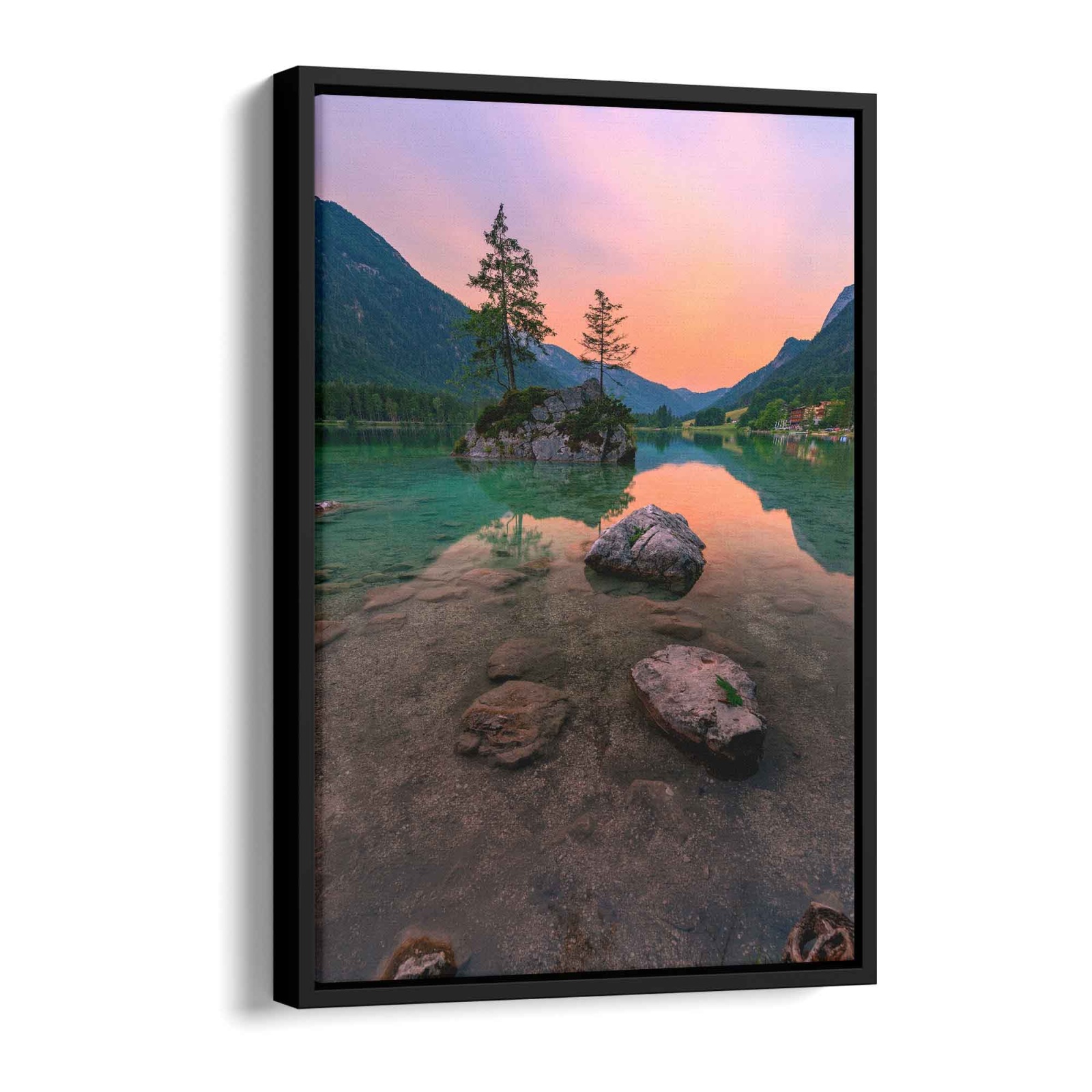 Sonnenaufgang am Bergsee Leinwandbild 120x80cm - ArtMind