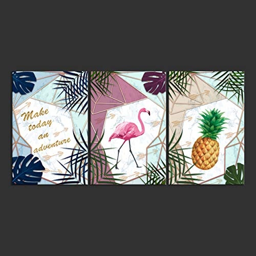 decomonkey Bilder Modern Blätter 120x60 cm 3 Teilig Leinwandbilder Bild auf Leinwand Vlies Wandbild Kunstdruck Wanddeko Wand Wohnzimmer Wanddekoration Deko Ananas Pineapple Flamingo Textur