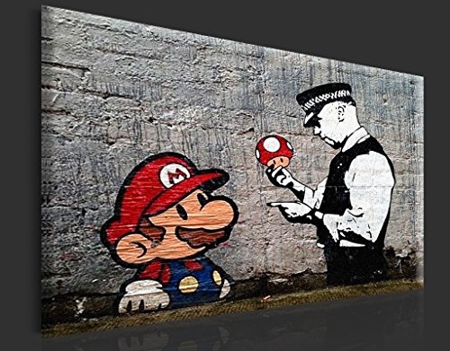 murando - Bilder Banksy Super Mario Mushroom Cop 120x80 cm Vlies Leinwandbild 1 TLG Kunstdruck modern Wandbilder XXL Wanddekoration Design Wand Bild - Street Art Graffiti Urban h-B-0080-b-a
