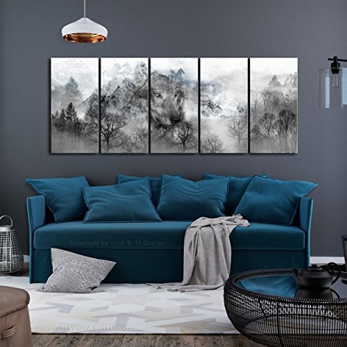 decomonkey Bilder Wolf Wald Berge 200x80 cm 5 Teilig Leinwandbilder XXL Bild auf Leinwand Vlies Wandbild Kunstdruck Wanddeko Wand Wohnzimmer Wanddekoration Deko Tiere Landschaft grau