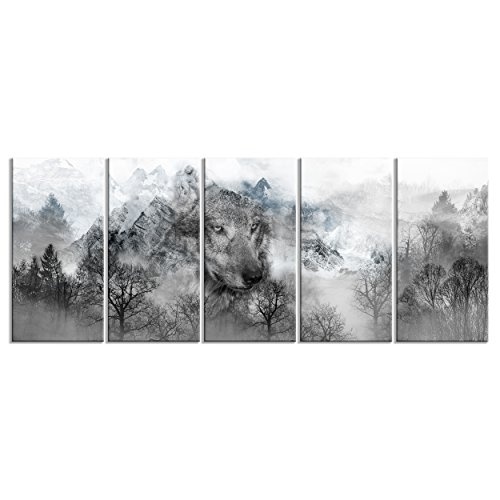 decomonkey Bilder Wolf Wald Berge 200x80 cm 5 Teilig Leinwandbilder XXL Bild auf Leinwand Vlies Wandbild Kunstdruck Wanddeko Wand Wohnzimmer Wanddekoration Deko Tiere Landschaft grau