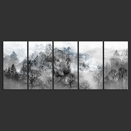 decomonkey Bilder Wolf Wald Berge 200x80 cm 5 Teilig Leinwandbilder XXL Bild auf Leinwand Vlies Wandbild Kunstdruck Wanddeko Wand Wohnzimmer Wanddekoration Deko Tiere Landschaft grau