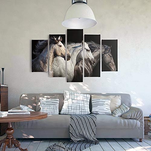 Feeby. Leinwandbild - 5 Teile - Bilder, Wand Bild, Wandbilder, Kunstdruck XXL, 5-Teilig, Typ A, 100x70 cm, Pferde, Tiere, Natur, SCHWARZ, WEIß