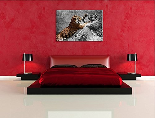 prachtvolle Tiger kämpfen schwarz/weiß Format: 100x70 auf Leinwand, XXL riesige Bilder fertig gerahmt mit Keilrahmen, Kunstdruck auf Wandbild mit Rahmen, günstiger als Gemälde oder Ölbild, kein Poster oder Plakat