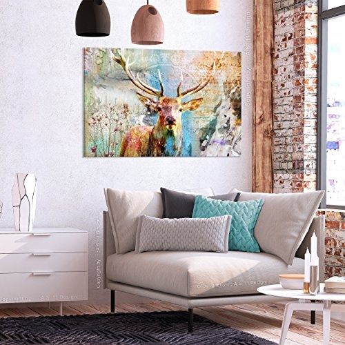 decomonkey Bilder Hirsch 120x80 cm Leinwandbilder Bild auf Leinwand Wandbild Kunstdruck Wanddeko Wand Wohnzimmer Wanddekoration Retro Vintage Tiere Hirsche Blumen Holz Textur Aufschriften