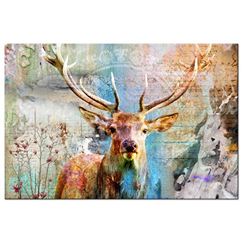 decomonkey Bilder Hirsch 120x80 cm Leinwandbilder Bild auf Leinwand Wandbild Kunstdruck Wanddeko Wand Wohnzimmer Wanddekoration Retro Vintage Tiere Hirsche Blumen Holz Textur Aufschriften